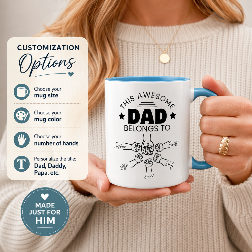 Personalized Dad Mug with Kids' Names – Fully Customizable Fist Bump Coffee Mug